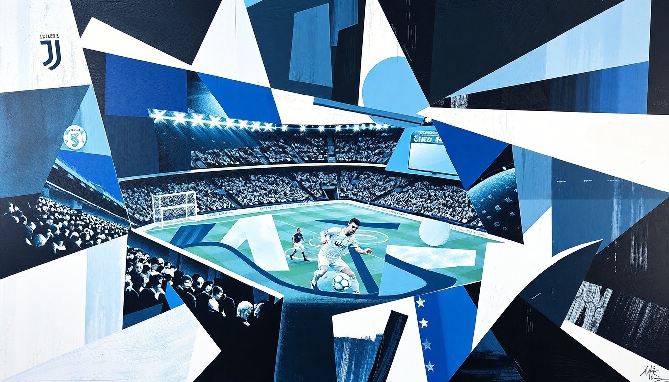A fractured, cubist-style painting depicting a Juventus soccer match, with the players and field broken down into sharp, overlapping geometric shapes in shades of blue, white, and black, conveying the strategic and tactical nature of the club's rebuilding efforts.