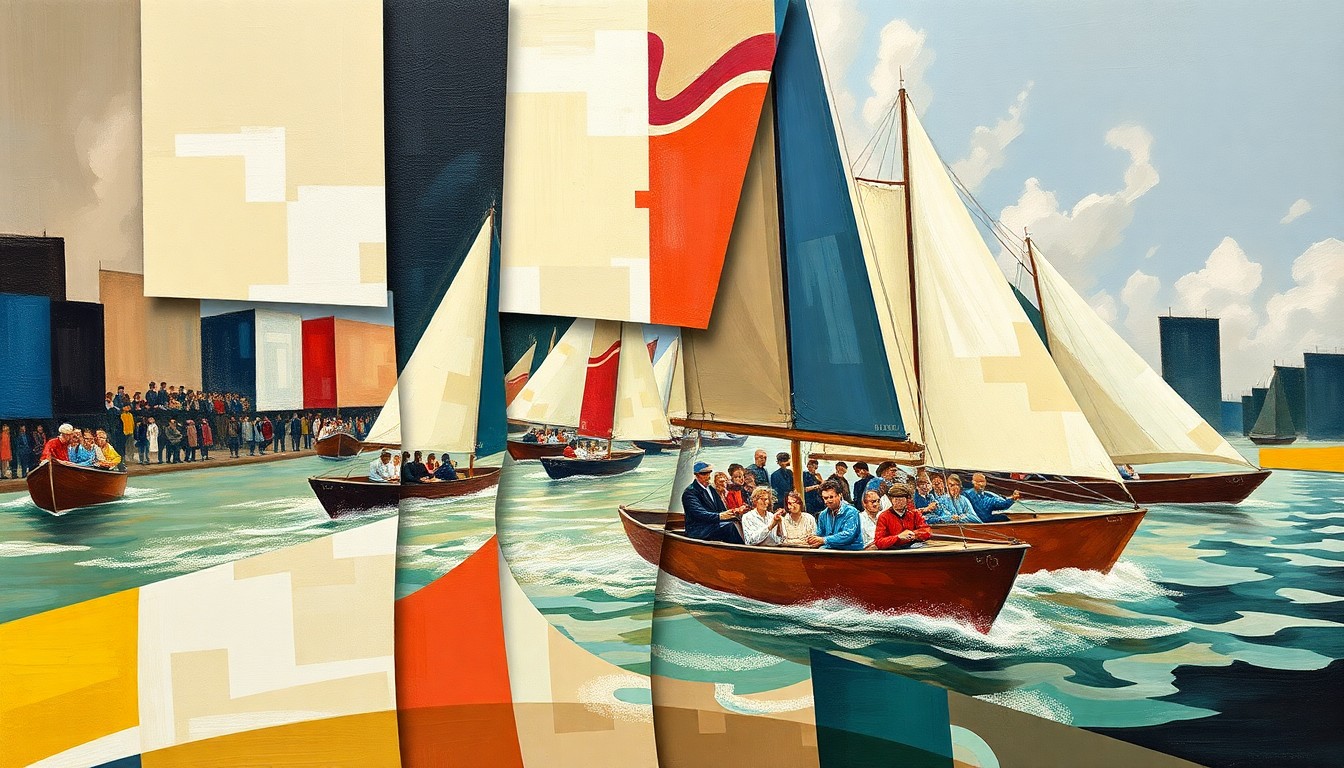 A cubist, geometric painting depicting the chaotic energy and overlapping perspectives of a Boat Race, with rowers, boats, and the river rendered in sharp, fragmented planes of color.
