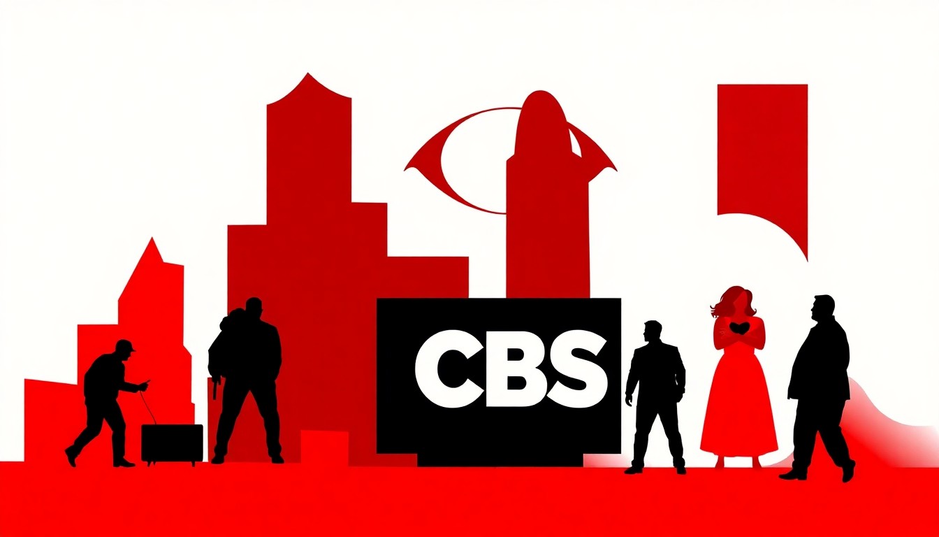 A bold, abstract illustration featuring stark black silhouettes of various TV show icons arranged in a dynamic, geometric composition, conveying the diverse range of finales on CBS without using any text or literal imagery.