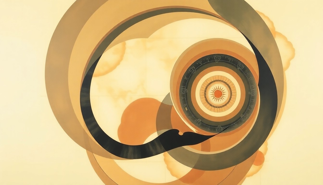 A bold, abstract painting in muted earth tones depicting a complex, layered cellular structure with sweeping geometric arcs and precise biological spirals, conceptually representing the protective sugar-coated barrier that cancer cells use to evade the immune system.