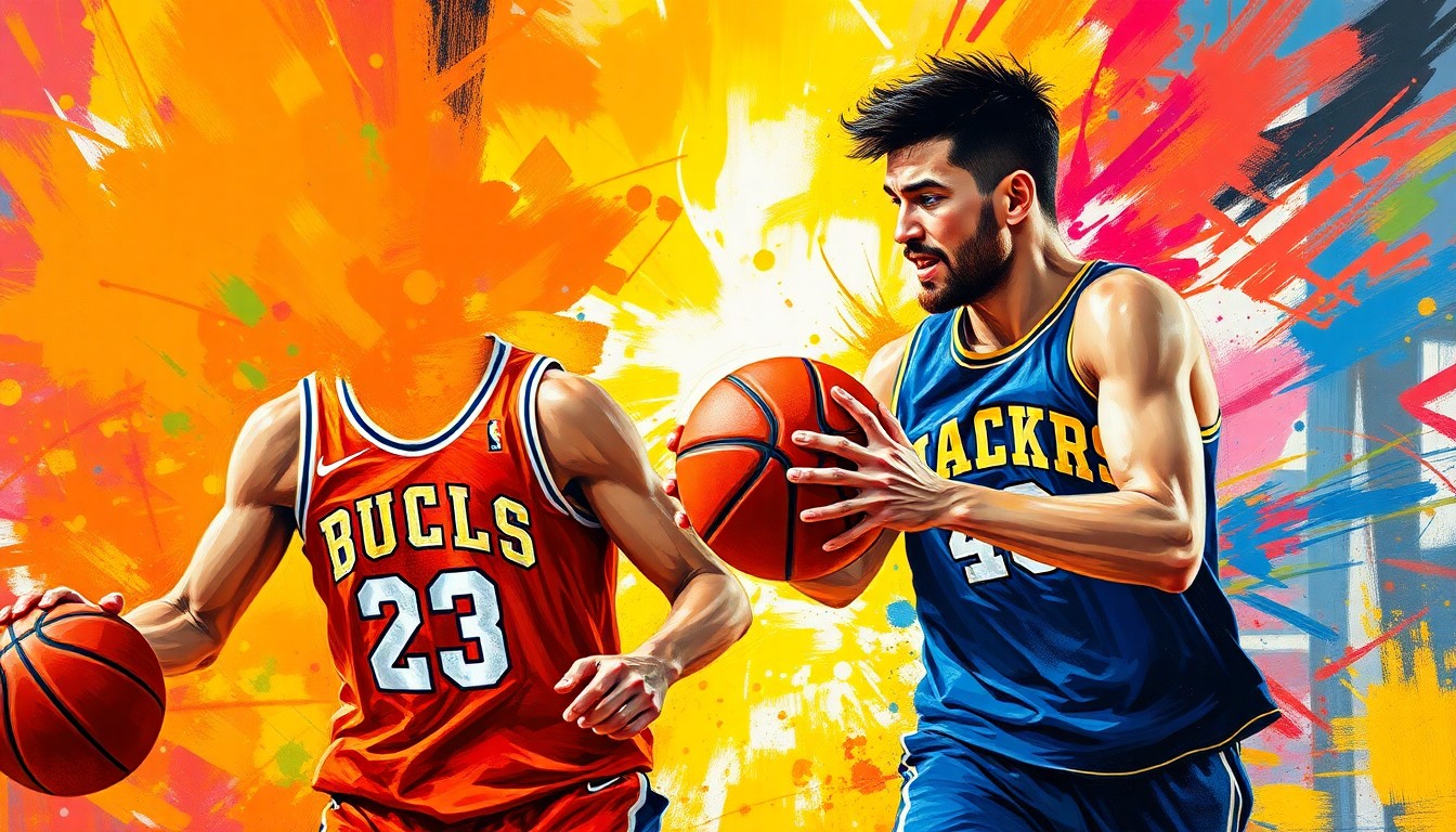 An abstract, expressionist painting in neon colors depicting the dynamic movement and energy of a father and son playing basketball together, their faces and jerseys blurred into unrecognizable splatters of paint.