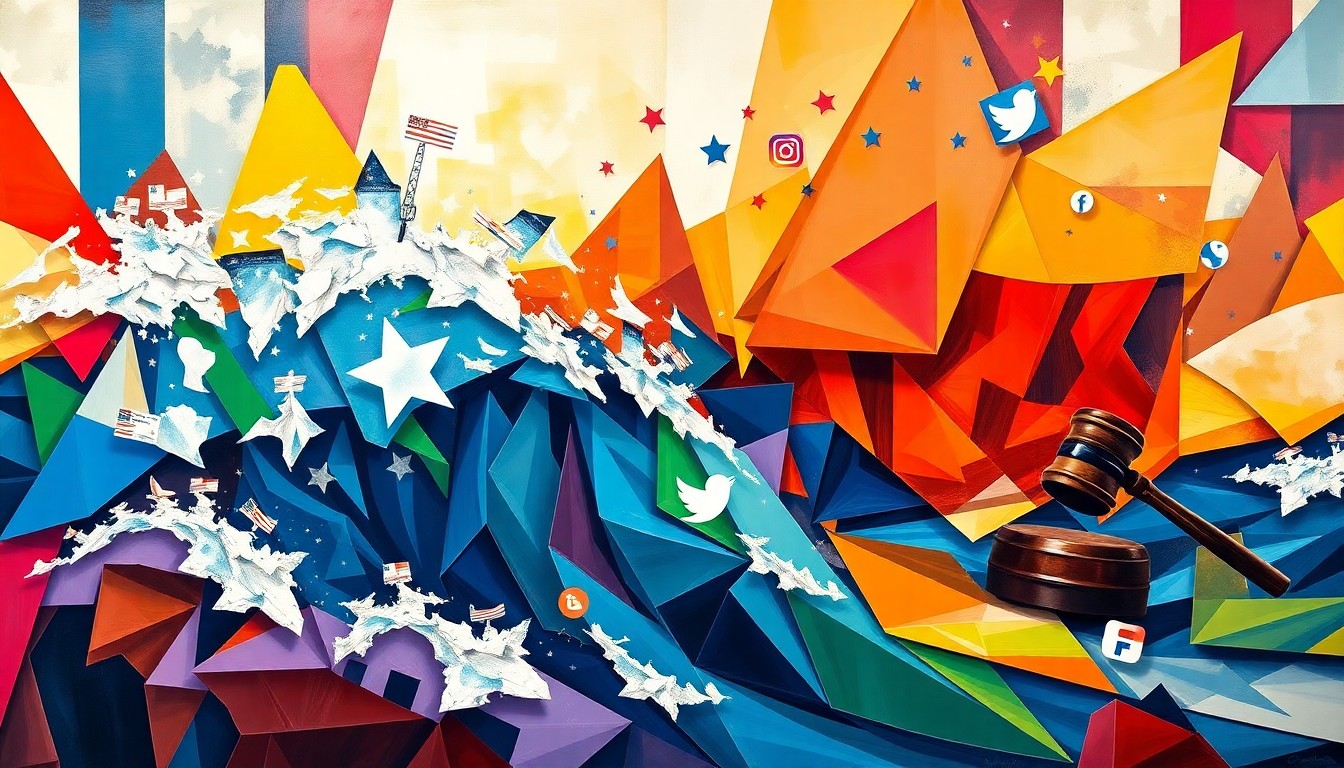 An abstract, avant-garde painting featuring overlapping, fractured geometric shapes in shades of blue, red, and yellow, conveying a sense of motion and chaos, representing the dynamic and rapidly evolving global political landscape.