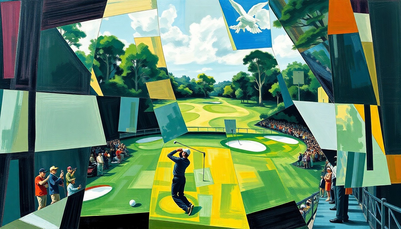 A cubist, geometric painting depicting a fragmented, multi-angled view of a professional golf tournament, with sharp, overlapping planes of color and form representing the competing forces and perspectives at play.