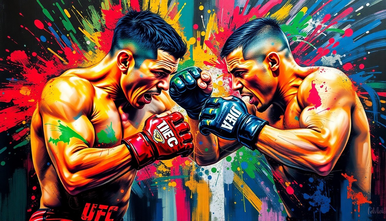 A vibrant, expressionist painting in neon colors depicting the chaotic movements and energy of two UFC fighters engaged in a ferocious battle, their identities obscured by the abstract brushstrokes.
