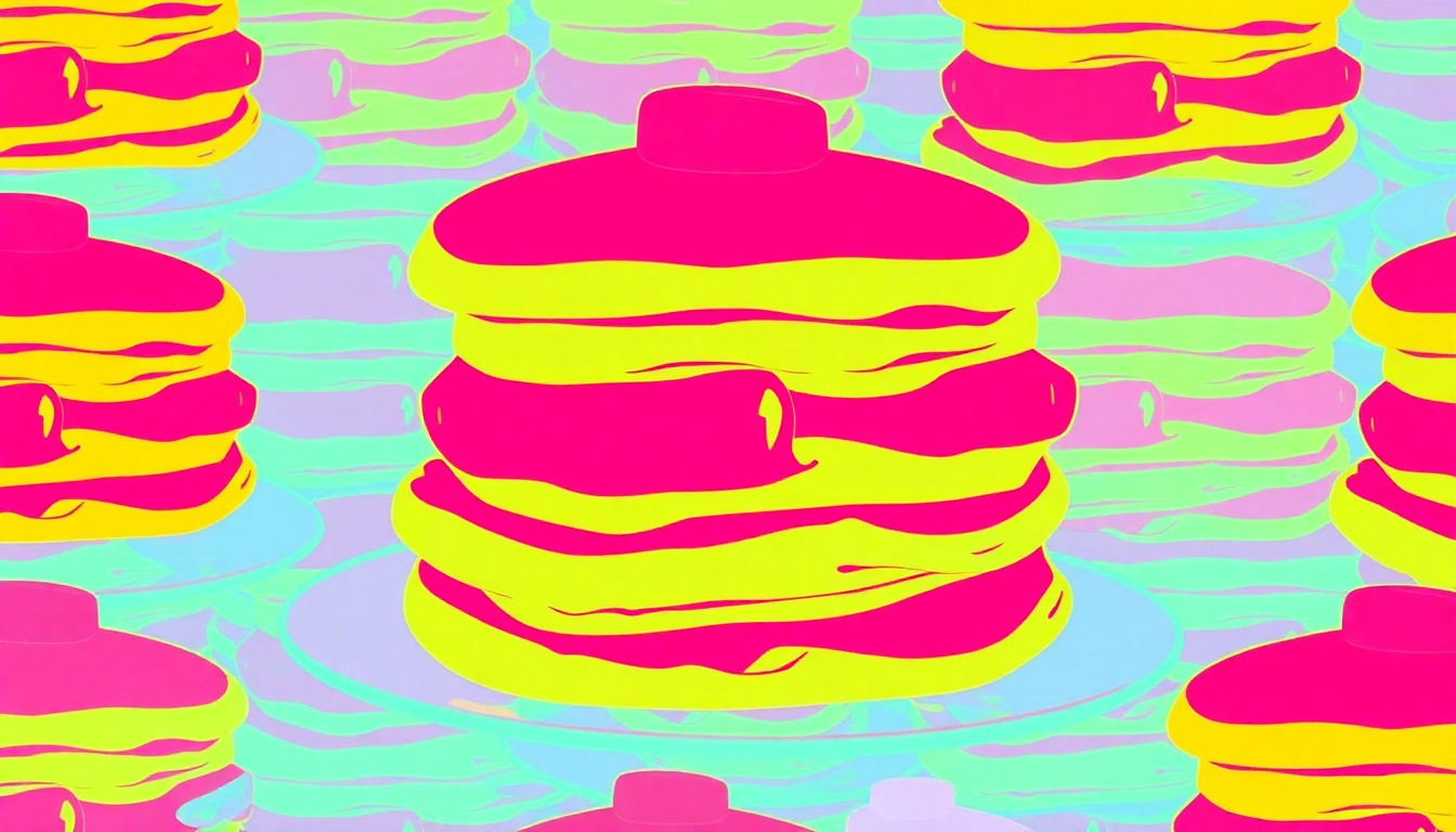 A bold, colorful silkscreen-style illustration of a repeating pattern of stacks of pancakes with sausage links, capturing the festive energy of a community breakfast event.
