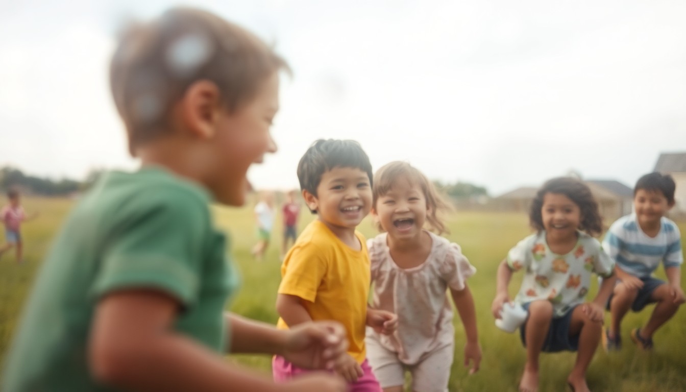 An impressionistic, out-of-focus scene of children playing on a grassy field, captured in a warm, soft-focus style that evokes the nurturing environment of Boys Town.