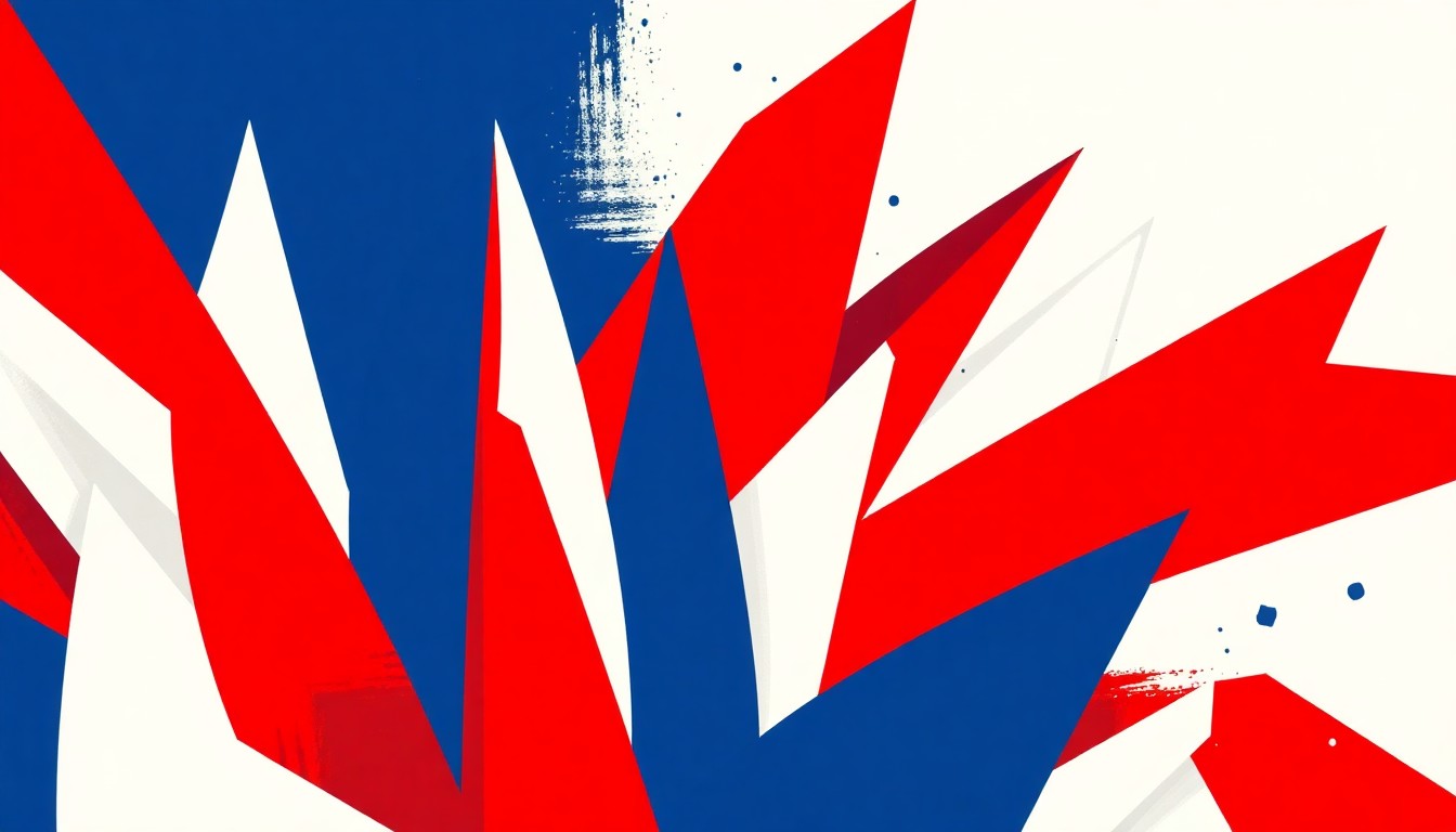 An abstract, minimalist illustration featuring bold, jagged shapes in the colors of the American flag, conceptually representing the patriotic themes of a community choir concert honoring American composers and poets.