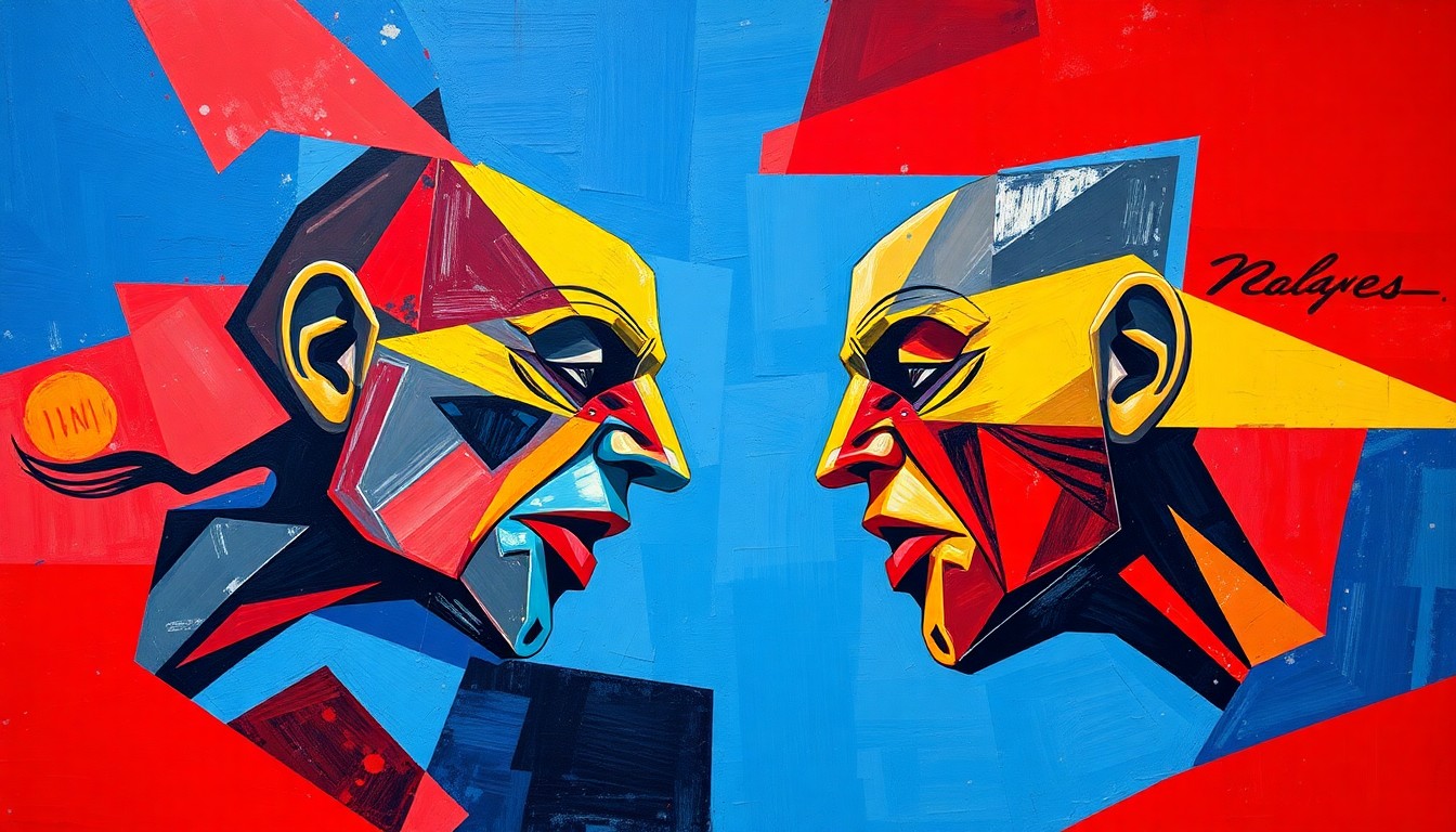 A fractured, cubist-style painting depicting the intense action and physical clash of the Reyes vs. Walker light heavyweight fight, with the fighters' bodies and movements broken down into sharp, overlapping geometric shapes and planes of vibrant red, blue, and yellow colors.
