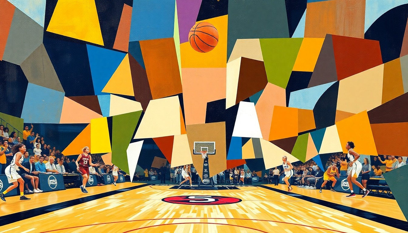 A fractured, geometric painting depicting a basketball court scene, with sharp, overlapping planes of color representing the sport's dynamism and McCoughtry's transition to a new chapter.