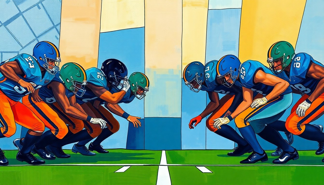 A fractured, geometric painting in shades of blue, orange, and green, breaking down a football offensive line into sharp, overlapping planes, conceptually representing the strategic analysis and emotional investment of Detroit Lions fans in the team's future.
