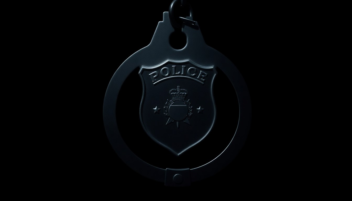 An extreme close-up photograph of a police badge or handcuff key, sharply lit by a harsh flash against a pitch-black background, conveying the serious, investigative nature of this incident.