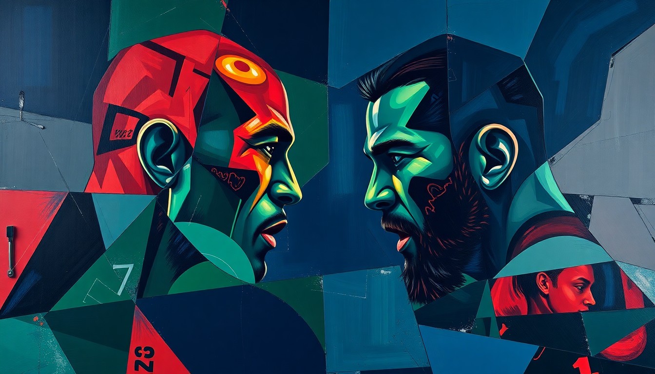 A cubist, geometric painting depicting the intense physical clash between two heavyweight fighters, with sharp planes of navy, green, and red conveying the raw power and energy of the matchup.