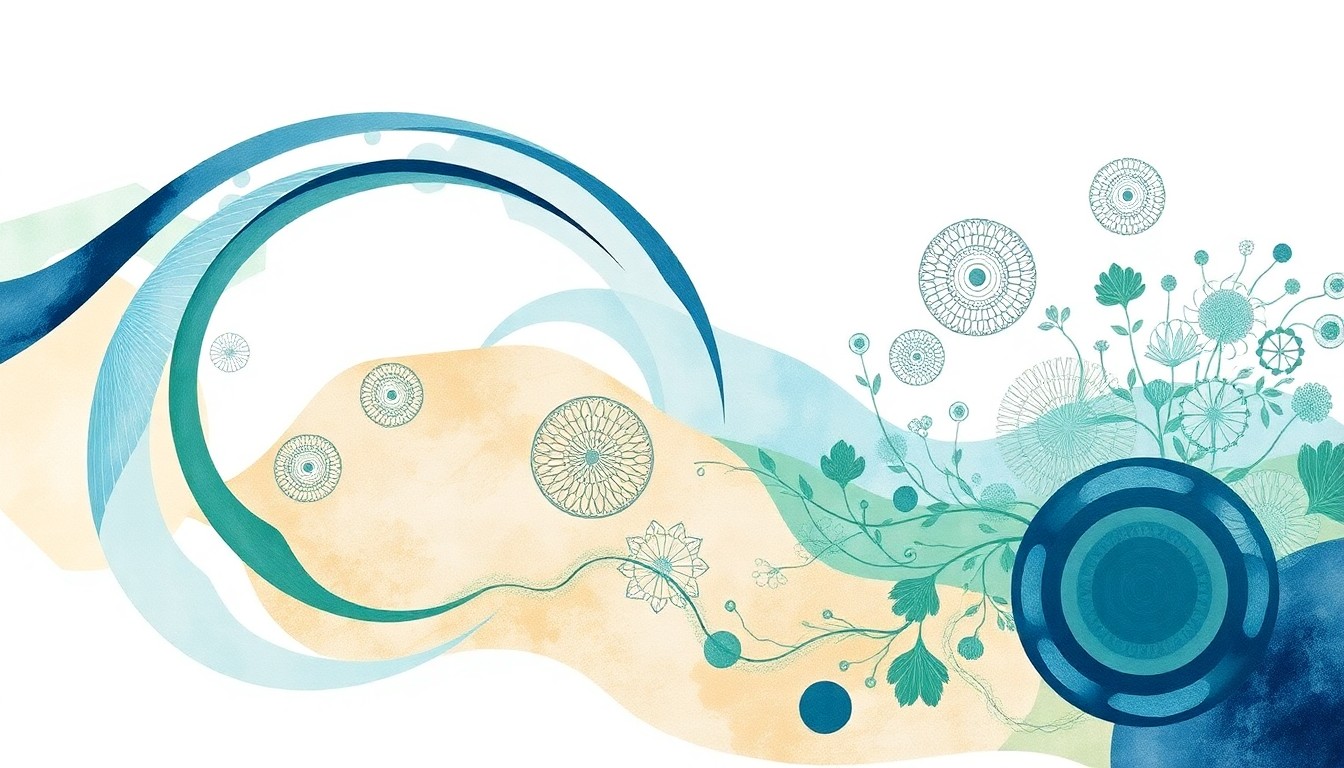 An abstract painting featuring interlocking geometric shapes and organic patterns in shades of blue, green, and tan, conceptually representing the complex interconnected systems of a coastal ecosystem.