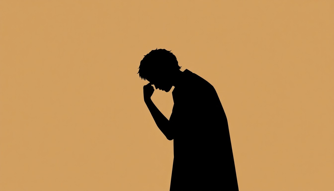 A minimalist, abstract illustration featuring a bold black silhouette of a person in a thoughtful pose, set against a muted color palette of earthy tones, capturing the contemplative nature of the 'Hamnet' story.