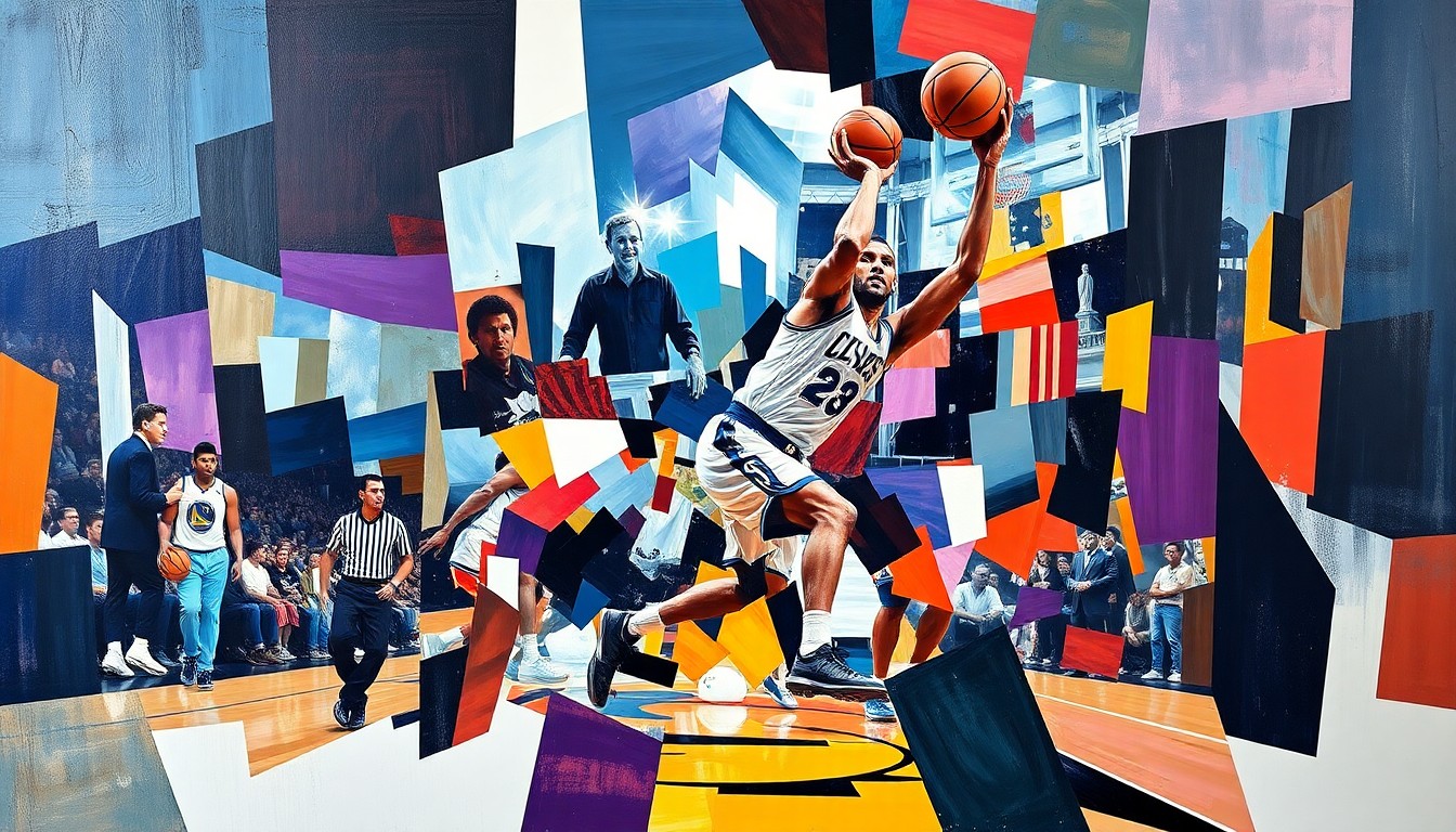 A cubist, geometric painting depicting the fragmented movements and energy of a basketball player on the court, representing the Sixers' struggle to compete without their injured star Joel Embiid.