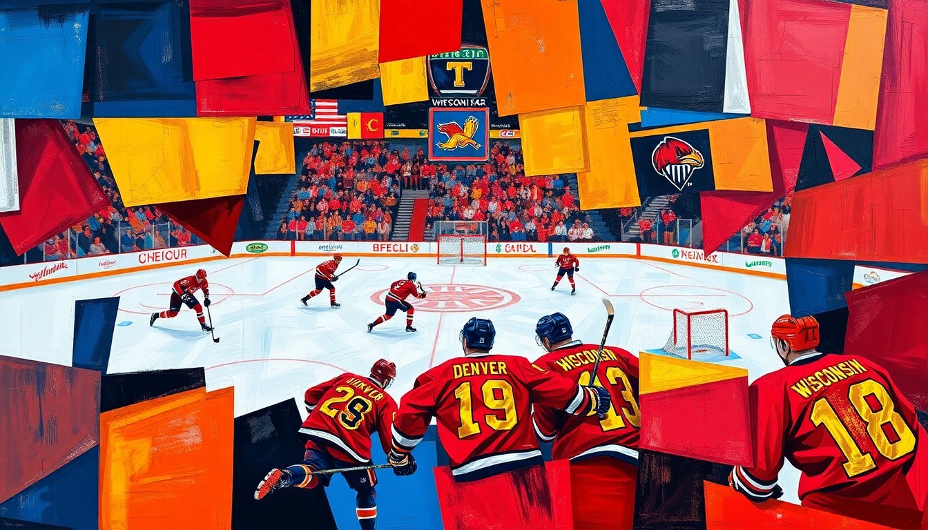 A cubist, geometric painting depicting a hockey game between two teams, with the players and action broken down into sharp, overlapping shapes and planes of color, creating a dynamic and abstract representation of the intense competition on the ice.