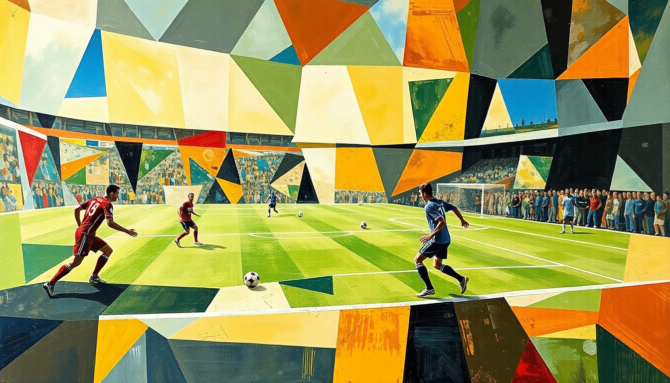 A fractured, multi-perspective painting featuring overlapping geometric shapes and planes in vibrant colors, representing the dynamic movement and energy of a soccer match.