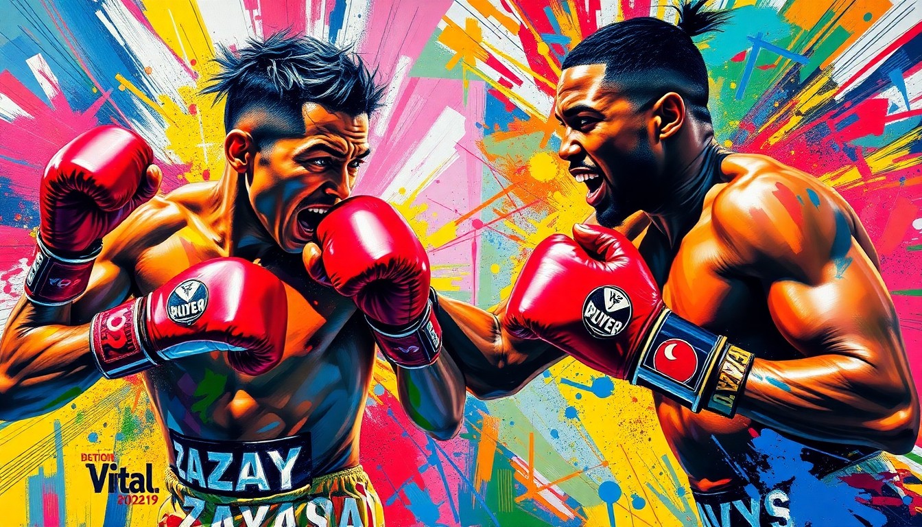 An abstract expressionist painting featuring dynamic, neon-colored brushstrokes that capture the intense physicality and energy of a boxing match, with the faces of the fighters blending into the vibrant, energetic composition.