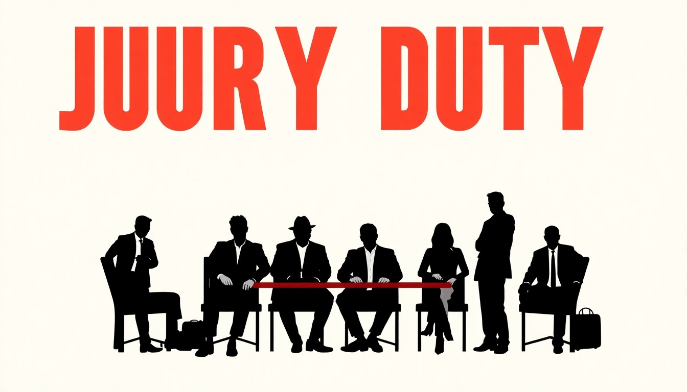 A minimalist, abstract illustration featuring bold, geometric shapes and silhouettes in high-contrast colors, conceptually representing the diverse ensemble cast of the TV comedy 'Jury Duty: Company Retreat' without using any text or literal imagery.