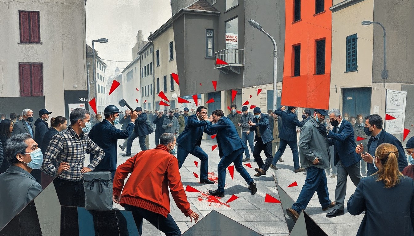 A cubist-style painting depicting a fragmented, multi-angled scene of a violent street confrontation, with sharp geometric shapes and planes in muted tones of grey, blue, and red, conveying the chaos and complexity of the incident.