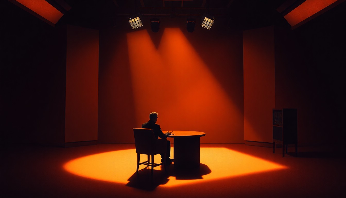 A dimly lit, cinematic painting of a solitary figure sitting alone in a TV studio, with warm sunlight streaming in through the windows and deep shadows obscuring much of the scene, creating a pensive, contemplative mood around the political topic.
