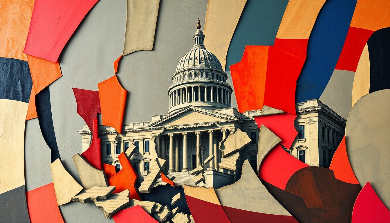 A fractured, abstract painting depicting the crumbling of a government building or political symbol, with overlapping geometric shapes and waves of bold, contrasting colors, conceptually representing the divisive political landscape.