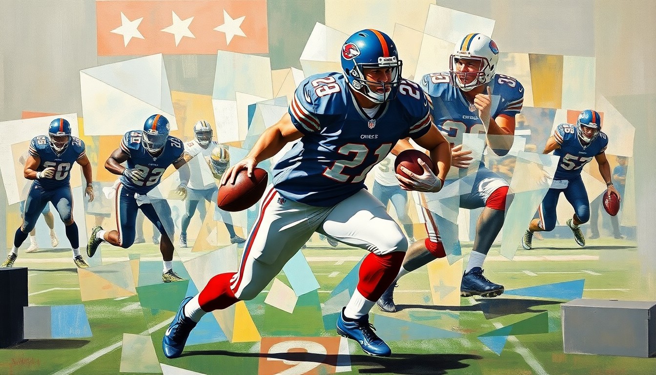A fragmented, geometric painting depicting an abstract football player rushing the quarterback, with sharp planes of color and form capturing the raw energy of the defensive action.
