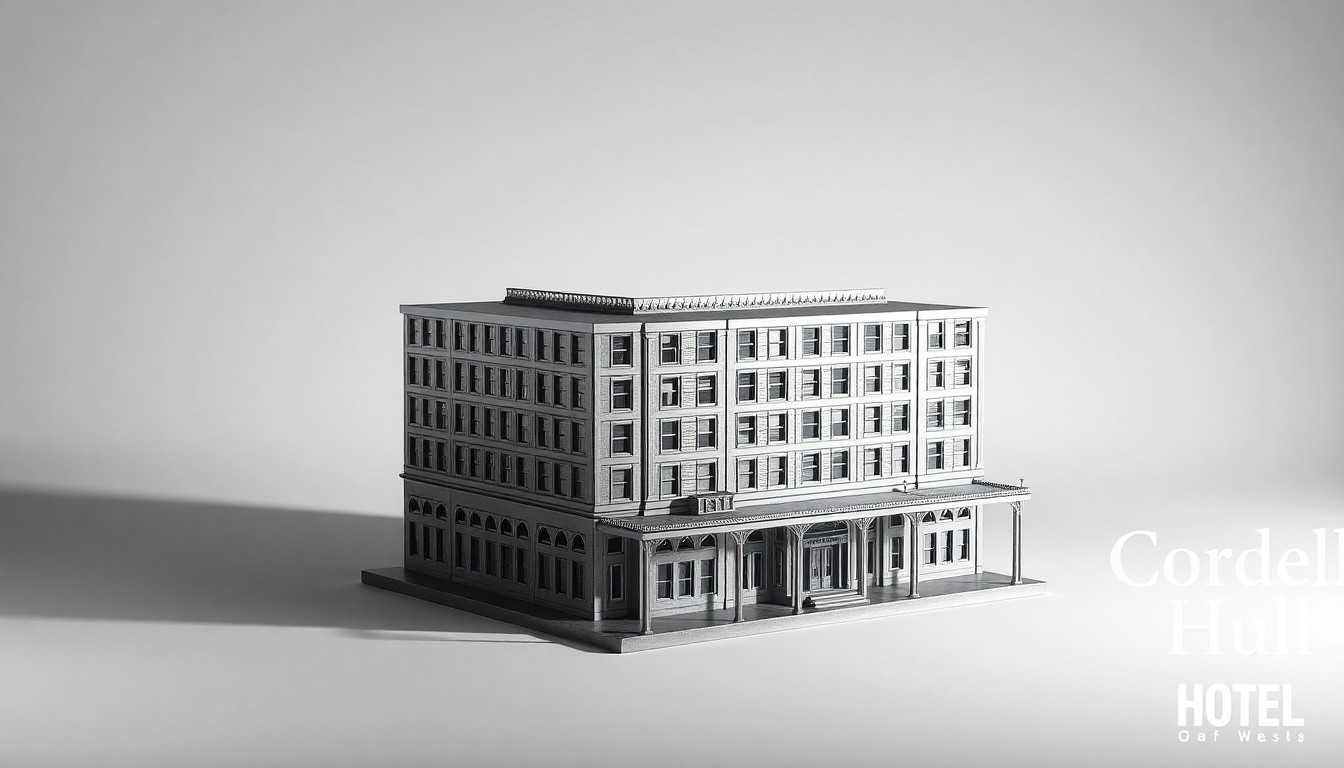 A photorealistic studio still-life photograph featuring a polished, geometric metal model of the historic Cordell Hull Hotel, placed on a clean, monochromatic background and dramatically lit to conceptually represent the restoration project's focus on preserving architectural heritage while modernizing the guest experience.