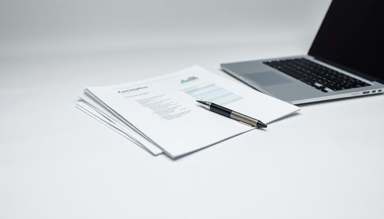A high-end, photorealistic studio still-life photograph featuring a stack of business documents, a pen, and a laptop computer arranged elegantly on a clean, white seamless background, conceptually representing the abstract concepts of corporate strategy, finance, and dealmaking.