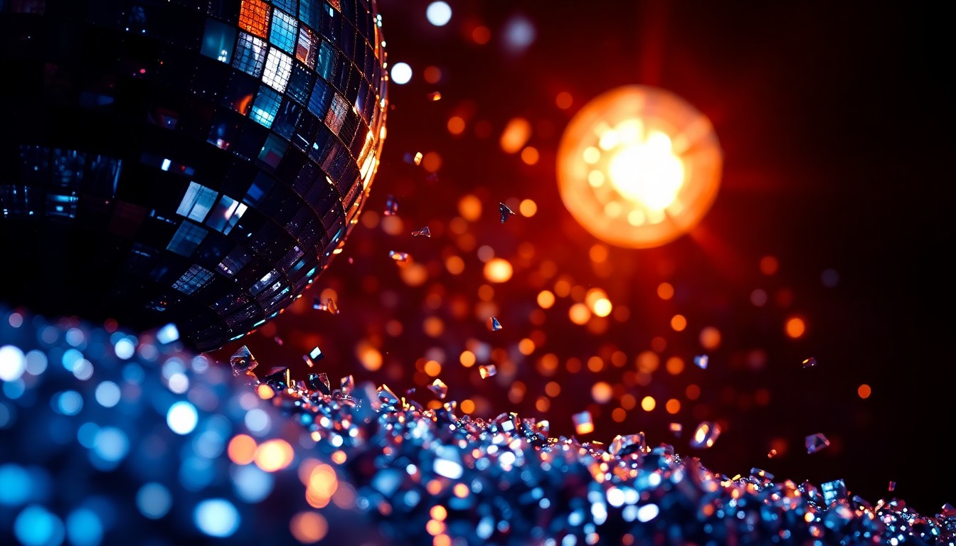 An extreme close-up photograph of shimmering sequins and glittering disco ball fragments, capturing the glamour and energy of a major music festival performance.