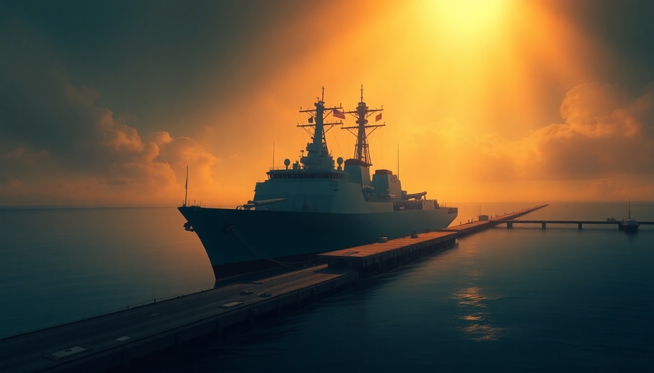 A photorealistic painting of a large naval destroyer ship docked at a pier, with the ship's hull and superstructure reflected in the calm waters. The scene is bathed in warm, golden sunlight with deep shadows, creating a cinematic, nostalgic mood.