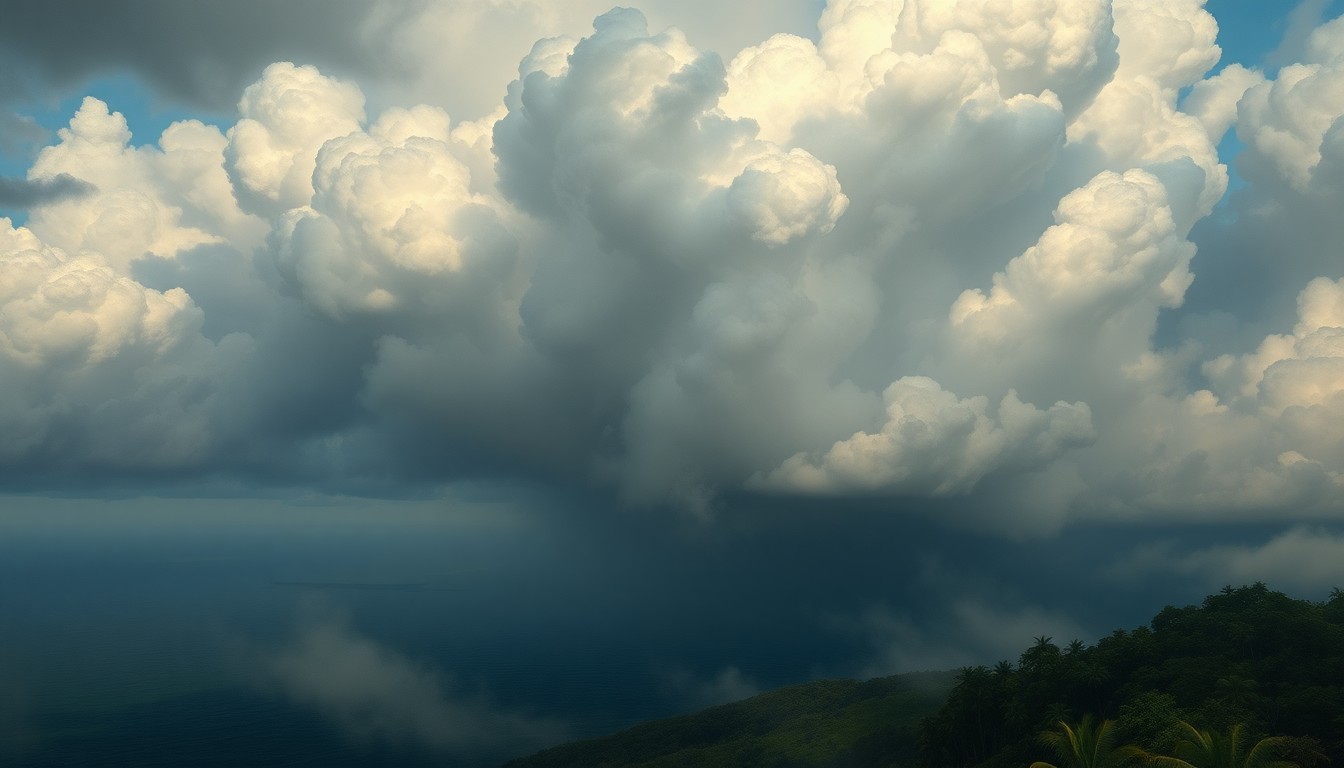 A sweeping, atmospheric landscape painting in muted tones of gray, blue, and green, depicting a dramatic, stormy sky filled with heavy clouds over a vast, misty expanse of ocean or tropical foliage, conveying the overwhelming scale and power of the approaching weather system.