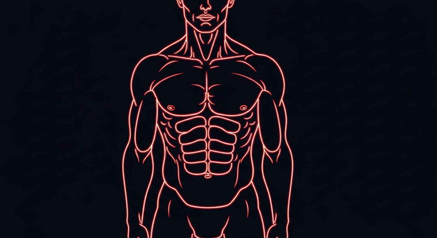 A minimalist, glowing neon outline of an exaggeratedly muscular human torso against a dark background, conceptually representing the dangerous pursuit of an idealized physique through drug abuse.