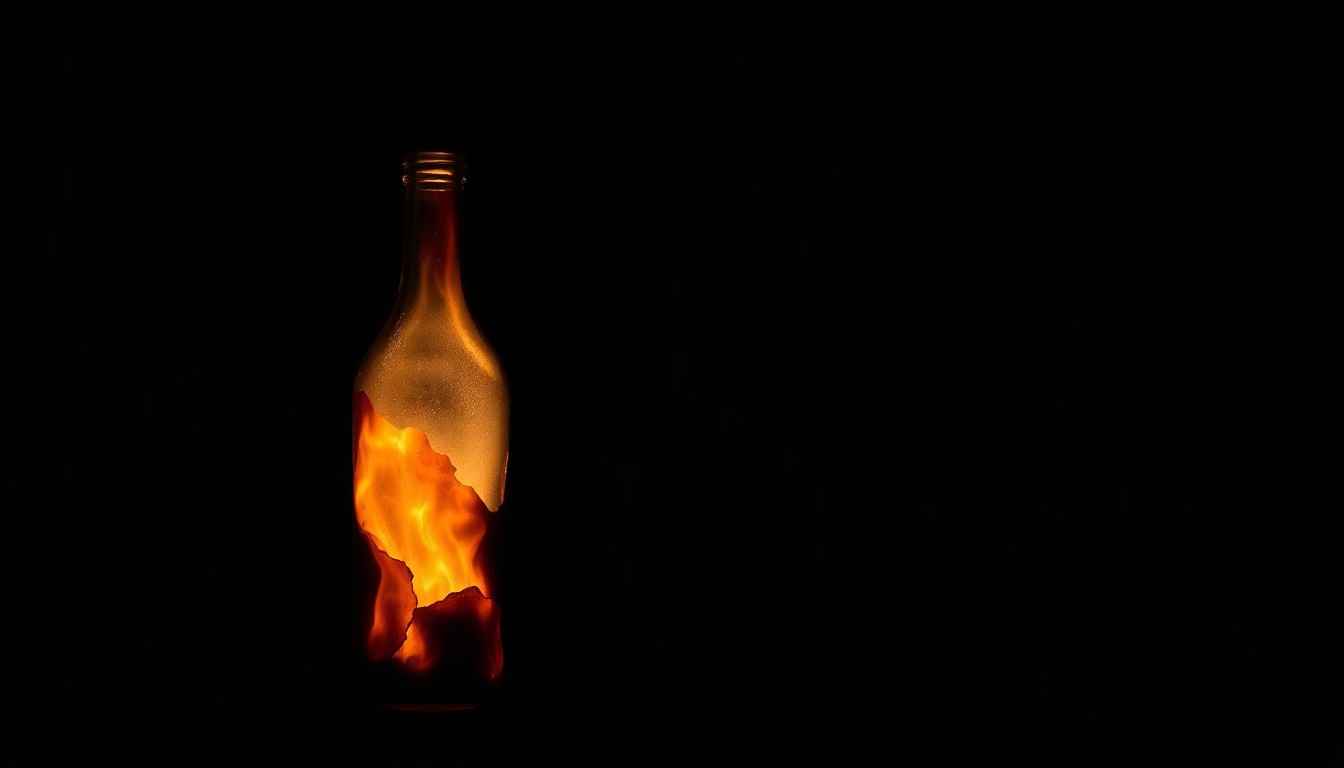 An extreme close-up of a partially melted and charred Molotov cocktail glass bottle, conceptually illustrating the violent attack on the AI leader's home.