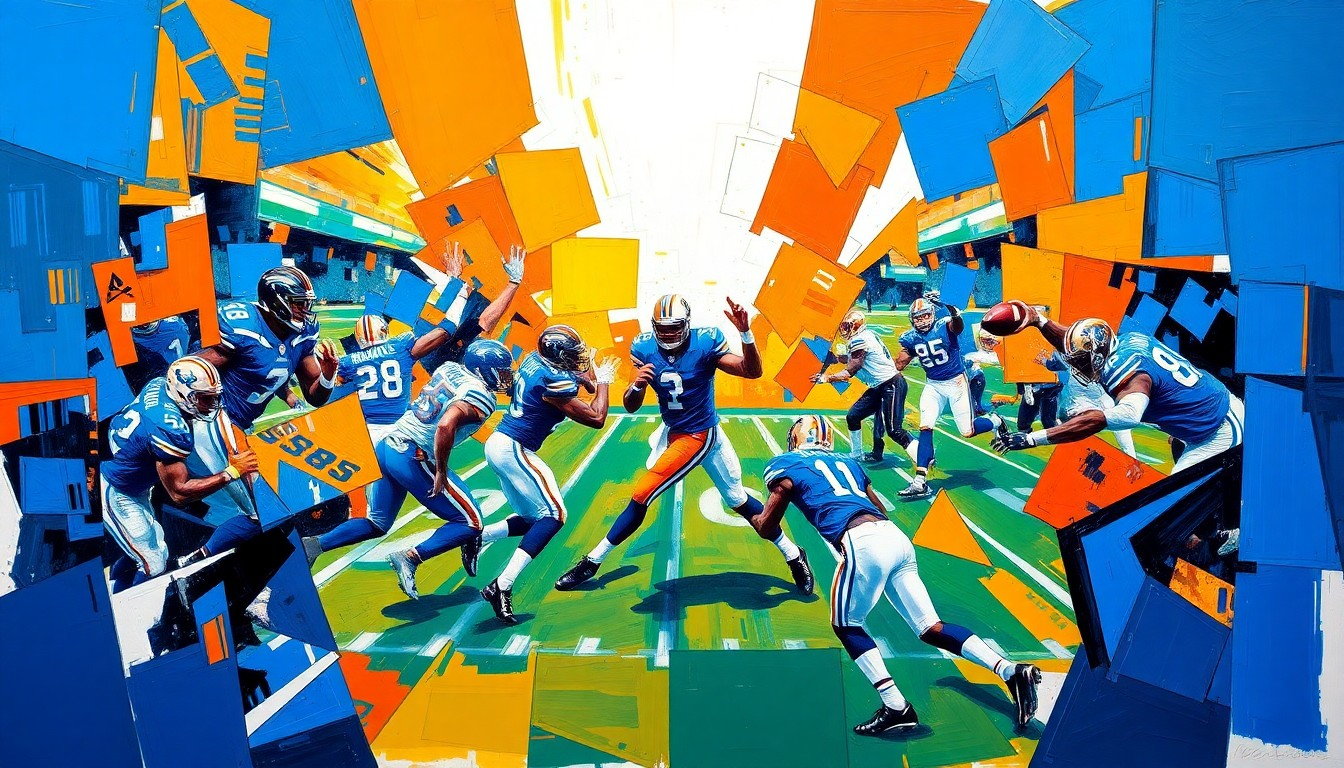 A cubist-style painting depicting a football quarterback in motion, with the player's form broken down into sharp, overlapping geometric shapes in shades of blue, orange, and white.