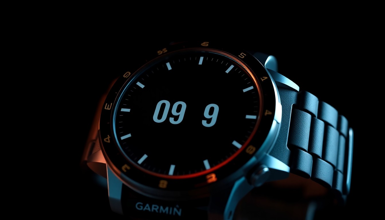 A glowing, high-tech 3D illustration of a Garmin Fenix 9 smartwatch, with its internal antenna components illuminated, symbolizing the enhanced GPS and connectivity features of the device.