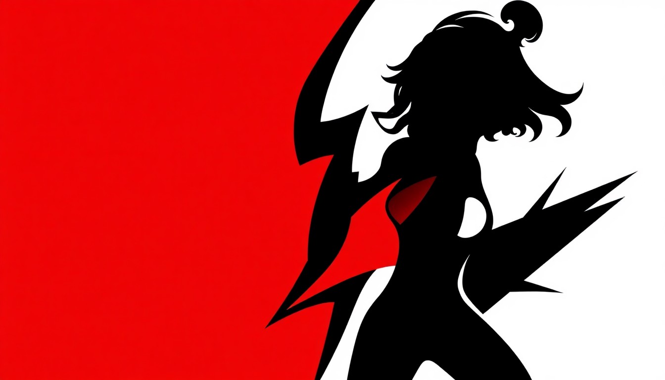 An abstract, minimalist composition of striking black, white, and red geometric shapes, conveying the tension and conflict between two performers' competing showgirl-themed brands.