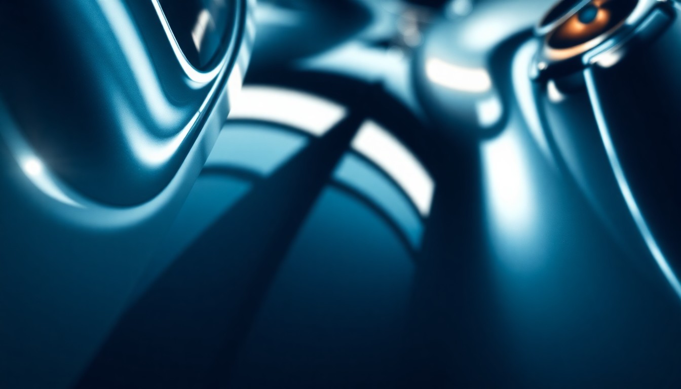 An extreme close-up photograph of a shiny, metallic race car surface, capturing the luxurious and glamorous aesthetic of the racing world through dramatic lighting and high contrast.