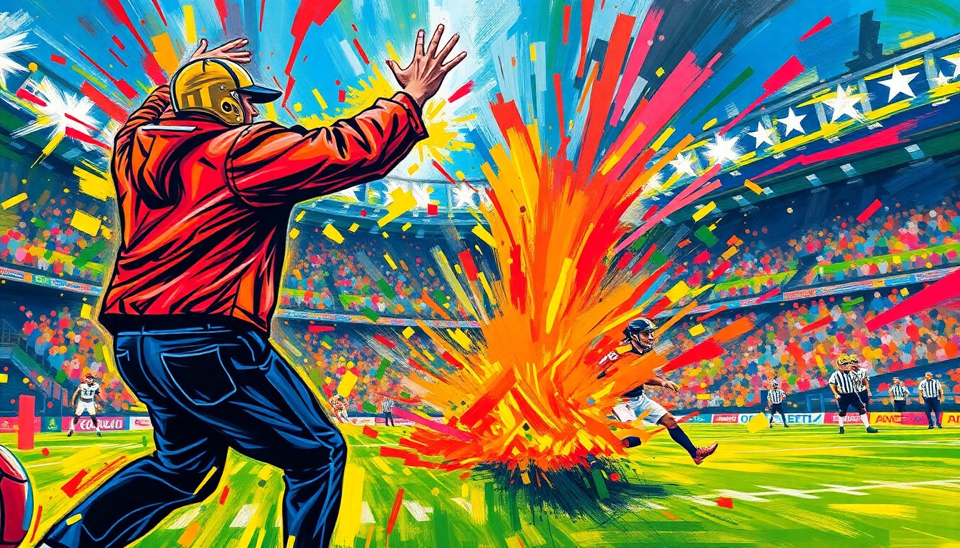 An abstract, expressionist painting depicting a chaotic scene of a pitch invader in a blur of neon colors and rapid brushstrokes, capturing the energy and disruption of the incident.