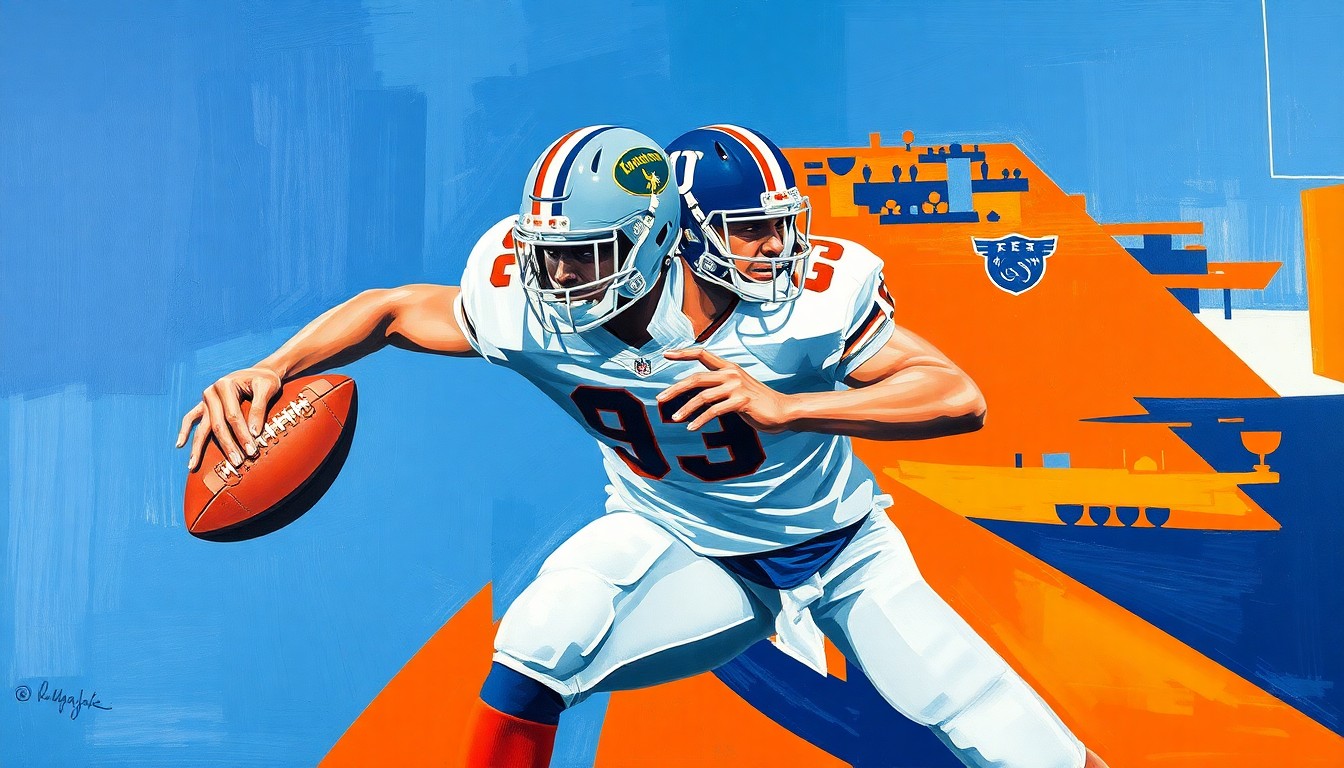 A fragmented, cubist-style painting depicting a college football player in motion, with their body broken down into sharp, geometric shapes in shades of navy, orange, and white, capturing the transition from running back to tight end.
