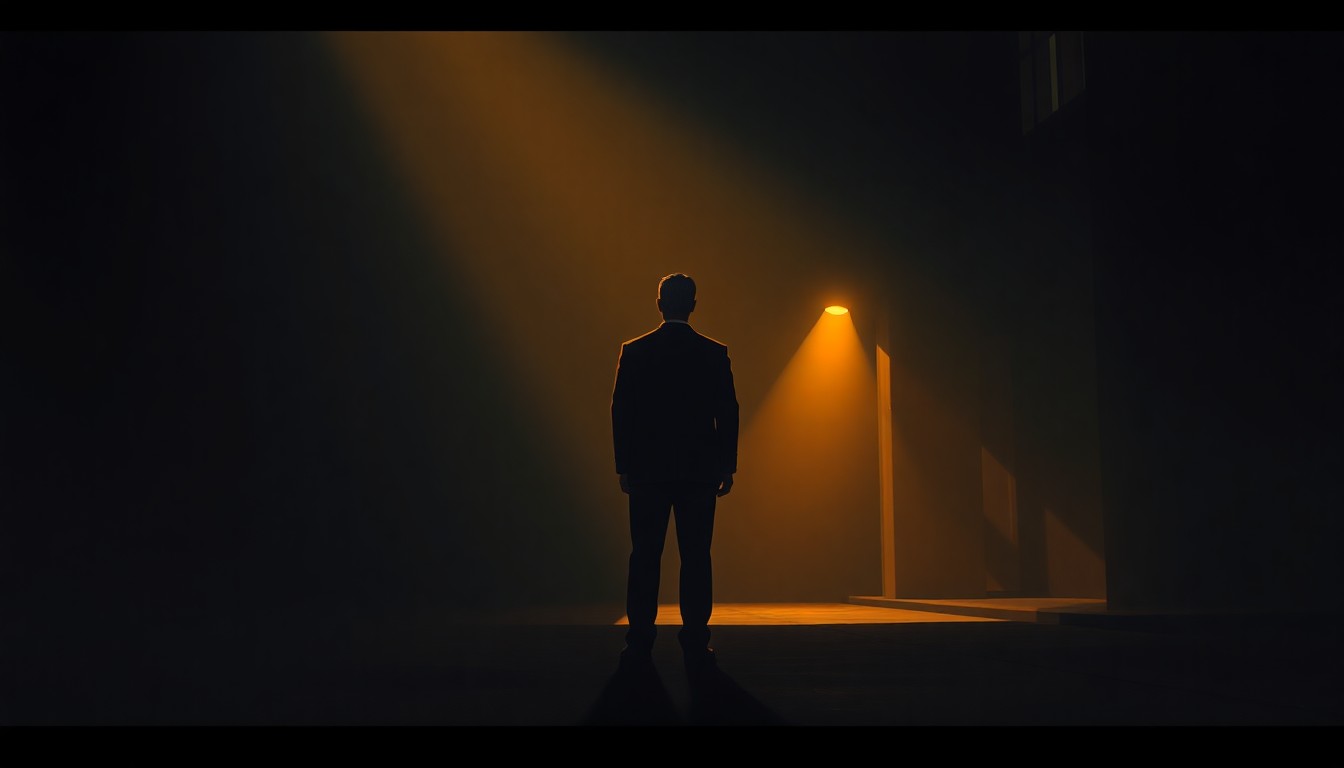 A cinematic painting depicting a lone political figure standing in a dimly lit urban setting, with warm sunlight and deep shadows creating a contemplative atmosphere.