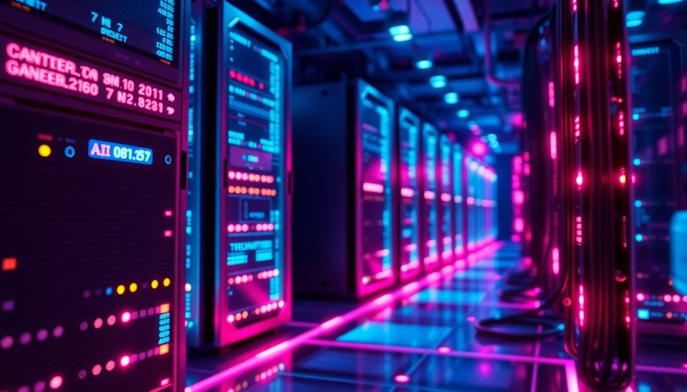 A highly detailed, luminous 3D illustration of interconnected AI server racks and data cables glowing with neon cyan and magenta lights, conveying the complex, tangible nature of modern AI infrastructure and its potential for growth.