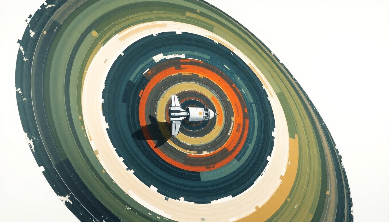 A highly structured abstract painting in soft, earthy tones of green, blue, and orange, depicting sweeping geometric arcs, concentric circles, and precise spirals that conceptually represent the launch of the Northrop Grumman Cygnus spacecraft to the International Space Station.
