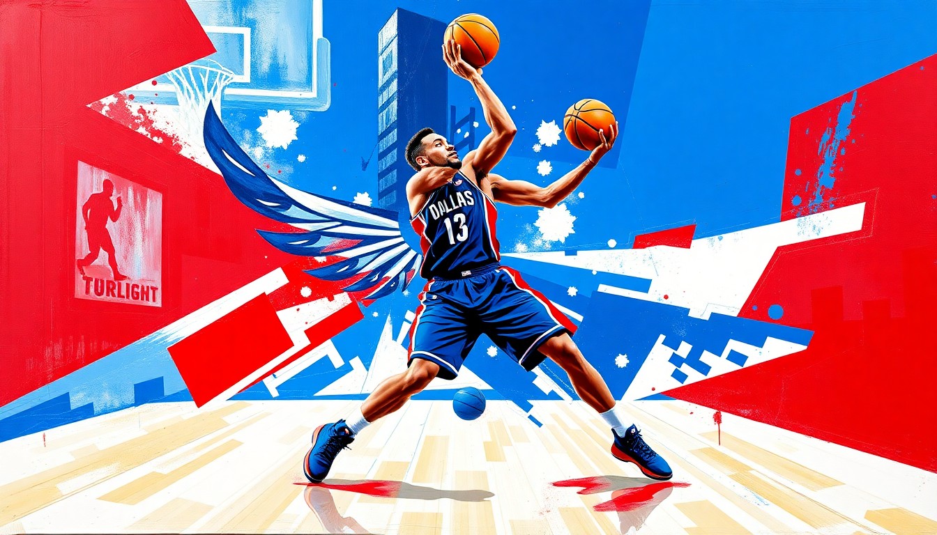 A cubist, geometric illustration depicting the dynamic defensive and rebounding movements of a basketball player, rendered in the official colors of the Dallas Wings.