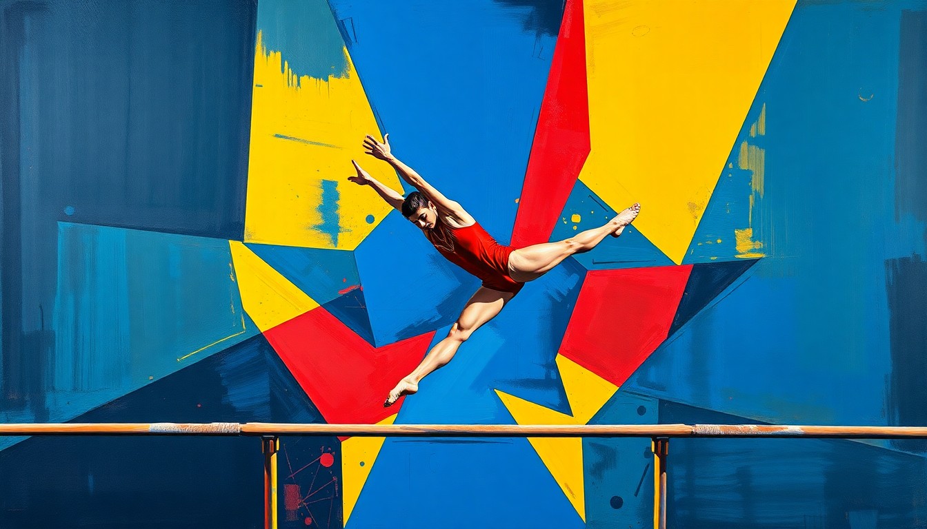 A fractured, cubist-style painting depicting a gymnast performing on the parallel bars, with their body broken down into sharp, overlapping geometric shapes in a vibrant color palette of navy, red, and yellow, conveying the dynamic energy and skill of the sport.