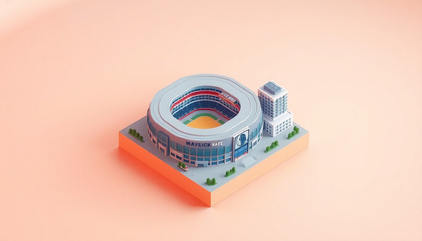 A clean, minimalist 3D illustration depicting a modern, multi-purpose arena, retail spaces, and a hotel complex in a stylized, isometric layout, representing the Mavericks' vision for the redevelopment of the Dallas City Hall site.