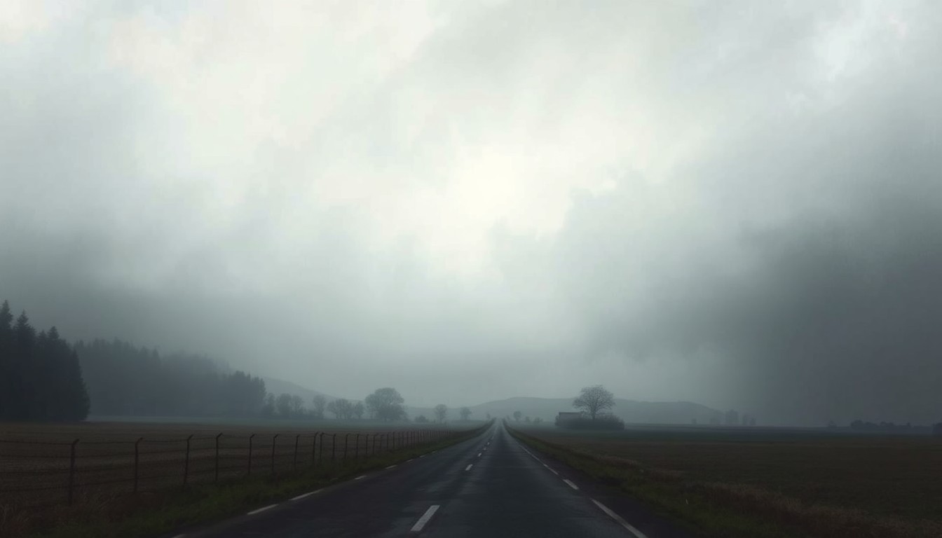 A sweeping, atmospheric landscape painting in muted tones of grey and blue, with a rural highway barely visible through a dense, swirling fog, conveying the overwhelming scale and power of the natural world.