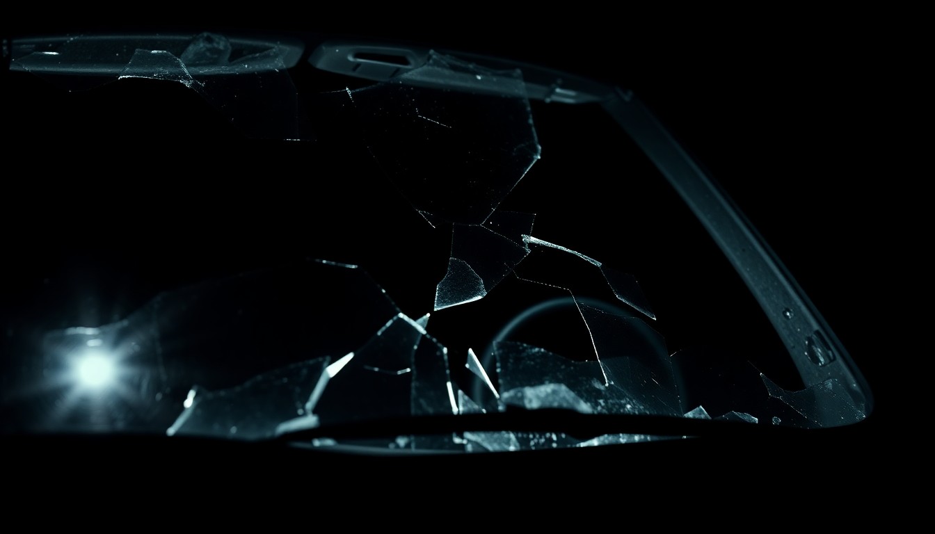 An extreme close-up photograph of a shattered car window or damaged vehicle part, lit by a harsh, direct camera flash against a pitch-black background, conceptually illustrating the vandalism incidents that prompted a police investigation.