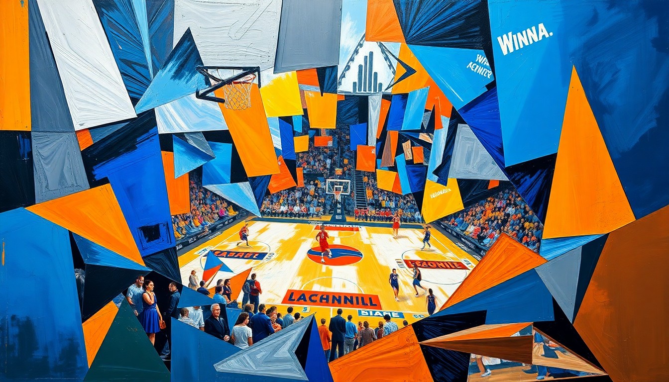 A cubist, geometric painting depicting a WNBA basketball game, with players and the court broken down into sharp, overlapping planes of color, capturing the dynamic and evolving nature of the league.