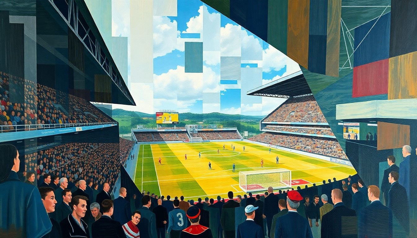 A cubist, geometric painting depicting a Scottish Premiership football match, with players and the field of play broken down into sharp, overlapping planes of color and shape, conveying the controversy and debate surrounding the VAR decisions.